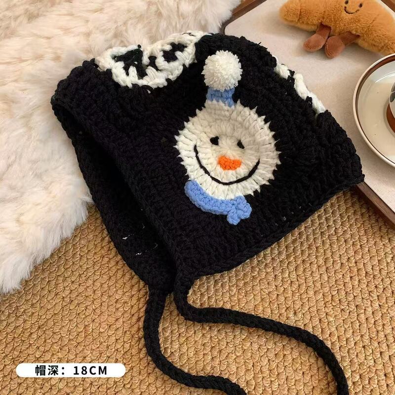 手工编织雪花雪人针织帽女2025新款毛线护耳帽秋冬保暖百搭显脸小|undefined