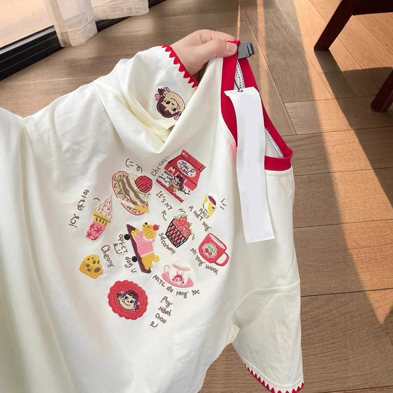 ドーパミン甘くてかわいい刺繍パッチワーク半袖 Tシャツ女性のための夏 2025 新入生多用途カジュアルトップスイン|undefined