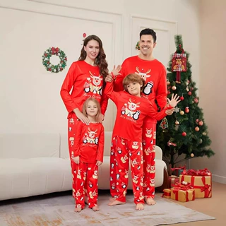 2026欧美跨境新款 圣诞小鹿 企鹅 字母 圣诞亲子装 印花家居服睡