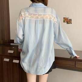 韩系简约松弛感竖条纹防晒衬衫女秋宽松慵懒垂感衬衣轻薄透气上衣