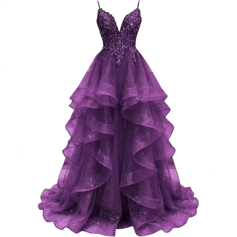 European and American Cross-Border Formal Dress with Multi-Layered Ruffles, Glittering Mesh, and a Large Hem, Suitable for Adult Ceremonies, Graduation, and Evening Wear European and American Cross-Border Formal Dress with Multi-Layered Ruffles, Glittering Mesh, and a Large Hem, Suitable for Adult Ceremonies, Graduation, and Evening Wear
