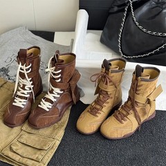牛皮版~复古百搭磨砂皮拳击靴女绑带侧拉链外穿登山德训马丁靴子