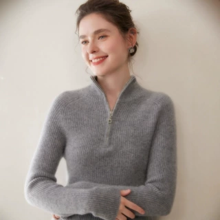 半高领拉链山羊绒衫女25秋冬修身显瘦简约休闲针织马鞍肩毛衣打底