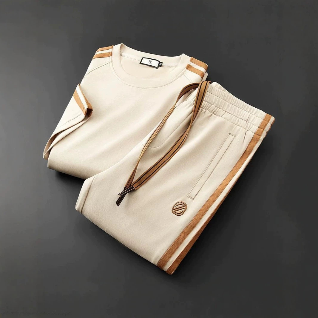 Lightweight Summer Men's 2-Piece Set Breathable Modal Cotton Short Sleeve T-Shirt & Straight Leg Pants With Minimalist Embroidery_viptrois.com