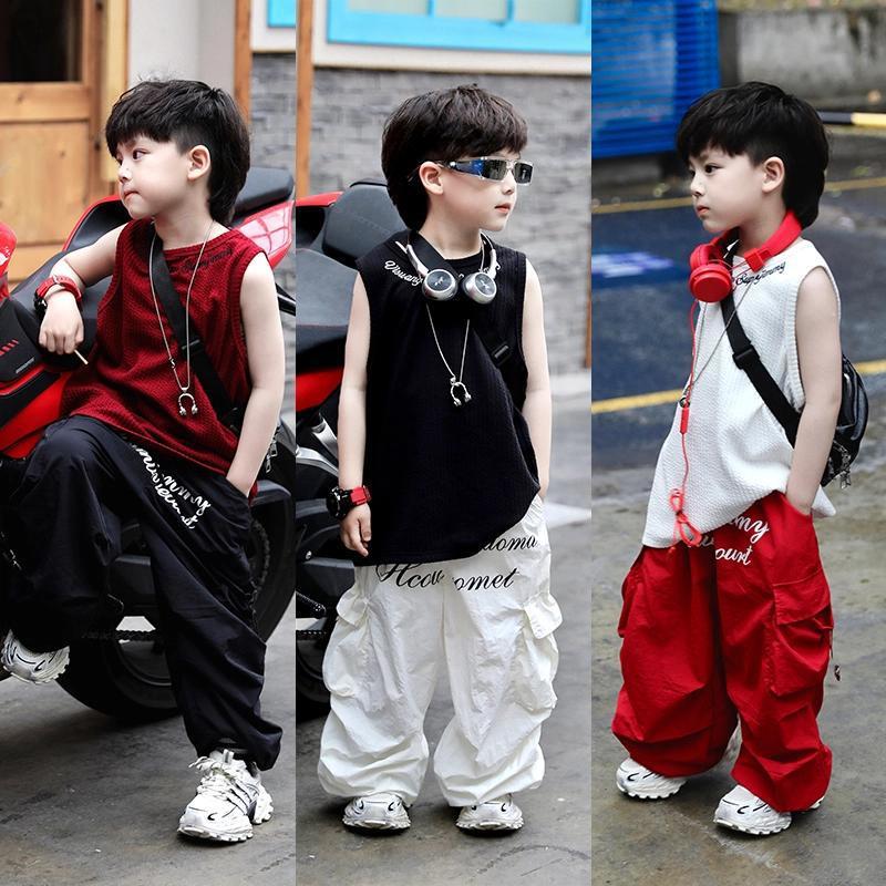 男童夏季背心套装2025新款儿童轻薄透气背心时尚韩版长裤两件套潮