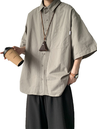 Japanese retro silhouette short-sleeve shirt men's summer oversize fashion brand tooling casual pleated half-sleeve coat