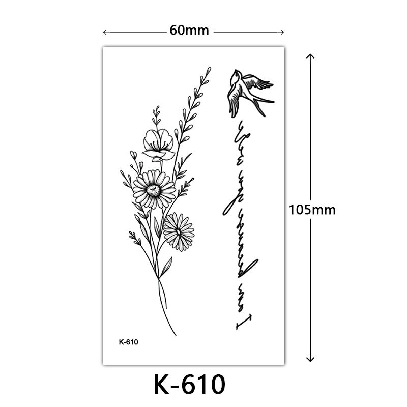 Pequeñas pegatinas de tatuaje frescas letras inglesas flores mariposas líneas de boceto pegatinas de tatuaje impermeables tatuaje