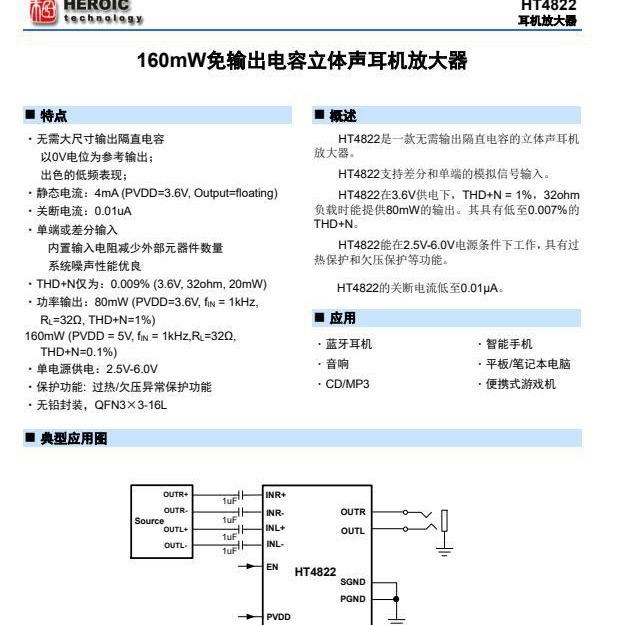 HT4822 QFN3*3-16 立体声耳机功放IC 禾润代理