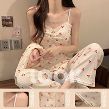 长袖睡衣女春秋款季仿棉2024年新款纯欲风性感碎花带胸垫三件套装