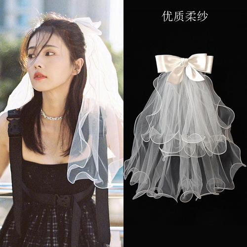 White Deer Same Style Bridal Veil Satin Fabric Large Butterfly Wedding Veil Rolled Edge Two Layers Shape Wedding White License Photograph 