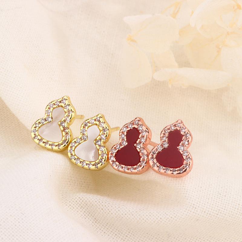 經費葫蘆耳釘女925銀14k金紅瑪瑙白貝母鑲邊滿鑽耳墜輕奢氣質耳飾