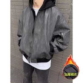 美式复古棒球服皮衣男春秋季宽松情侣连帽pu皮纹理夹克假两件外套