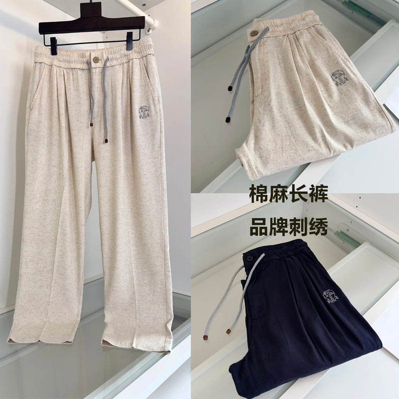 Bc Same Style Men's Cotton-Linen Trousers with Brand Embroidery, Fabric Weight 190g, Thin Style, Light and Soft, 37259