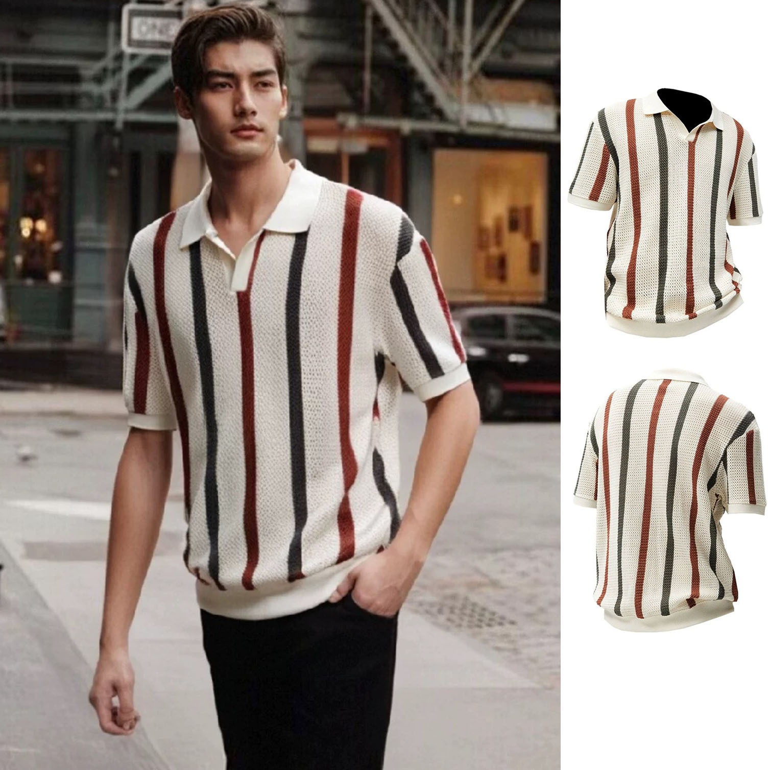 Polo camiseta de punto camiseta de manga corta camiseta hombre gaviota cuello V rayas viejas líneas de viento de verano fábrica transfronteriza al por mayor