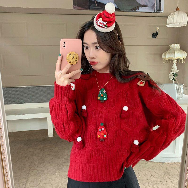 Suéter de punto holgado y versátil de estilo informal para mujer, con diseño navideño rojo, que rejuvenece, novedad de otoño e invierno de 2024