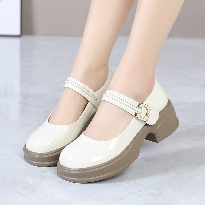 Giày Mary Jane nữ da thật mũi tròn đế dày bánh xốp nhẹ chống trượt — Màu đen