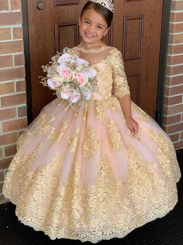 Vestido de niña para bodas transfronterizo, vestido de princesa hinchado de manga media con encaje para cumpleaños y actuaciones infantiles, vestido largo.