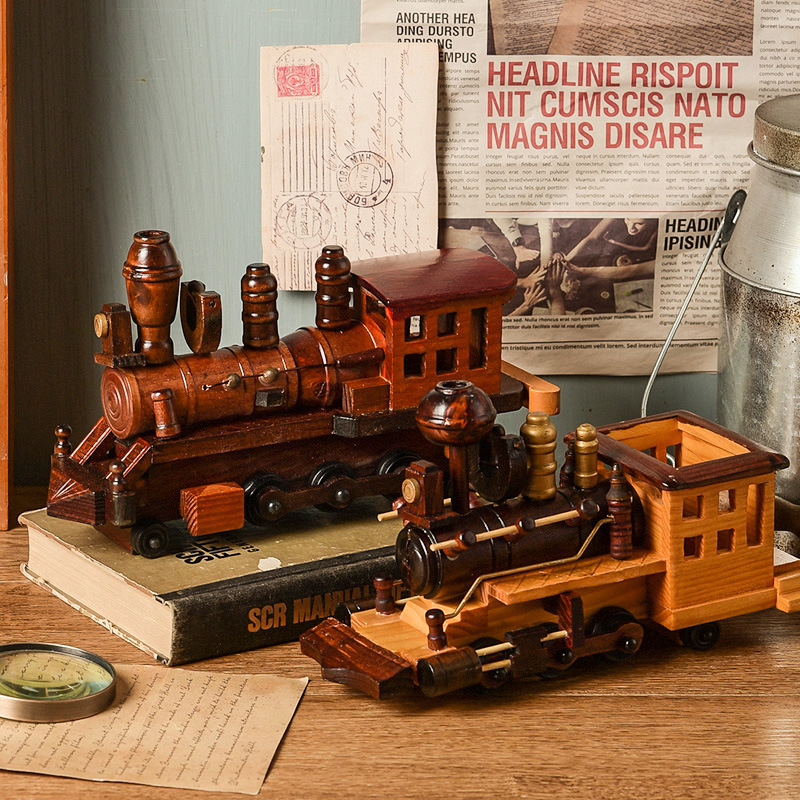 Estilo europeo retro tren de madera decoración creativa hogar escritorio tren modelo decoración artesanía de madera