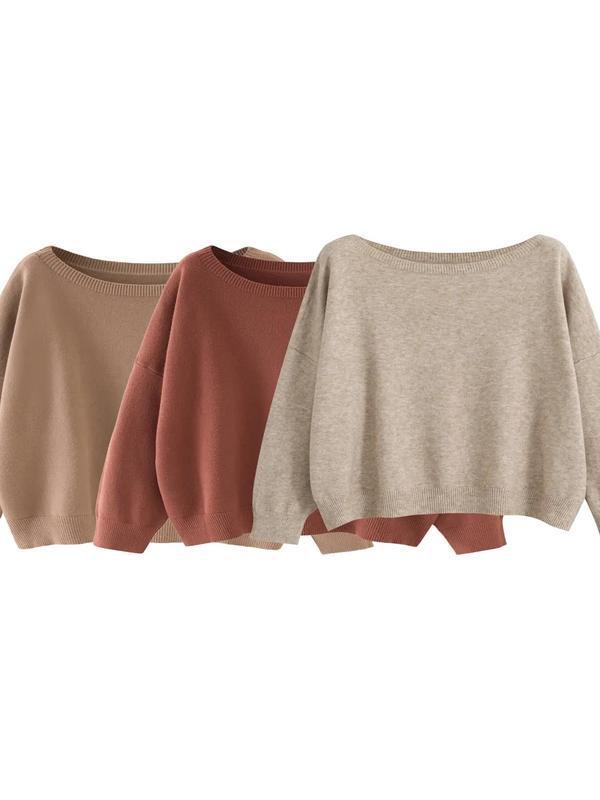 Women's Plain Scoop Neck Sweater Casual Drop Shoulder Long|undefined