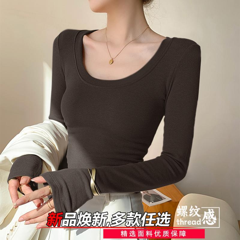 ねじの薄いタイプの大きい丸首の底のシャツの女性の2025秋冬の金のtシャツの新型の中でねじの修身の上着の潮を掛けます。|undefined