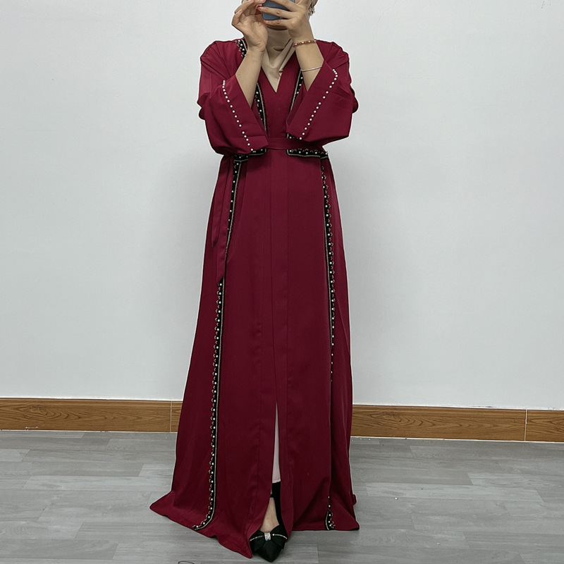 F332 Cross-Border Foreign Trade Women's Long Dress Middle East Dubai Embroidered Lace Pearl Beaded Cardigan Robe In_ecoleips.com