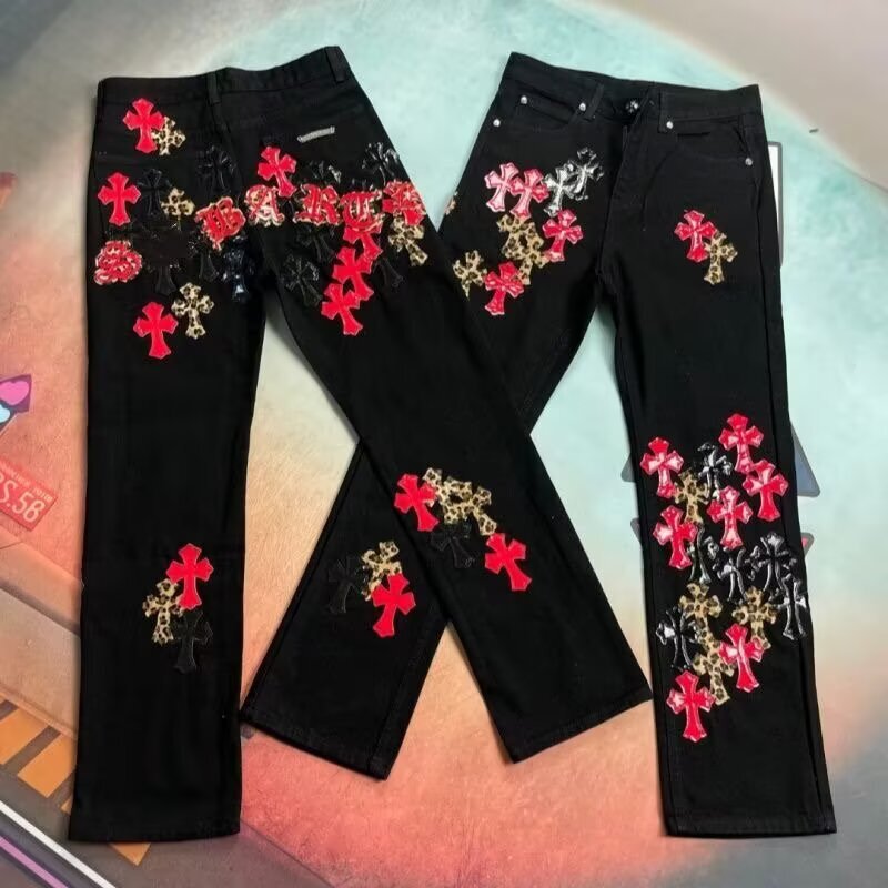 Trendy Xizang Silver Heavy-Duty Lacquer Leather Patchwork Red Leopard Print Cross Patchwork Straight-Leg Jeans Unisex Long Pants