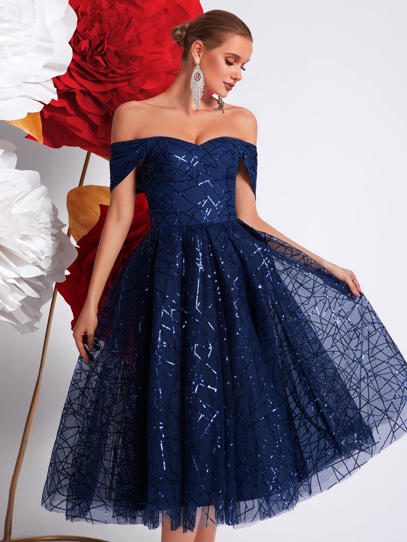 Transfronterizo Amazon nuevo temperamento cielo estrellado fino vestido de noche elegante de fiesta de mujer superior de tubo de lujo ligero