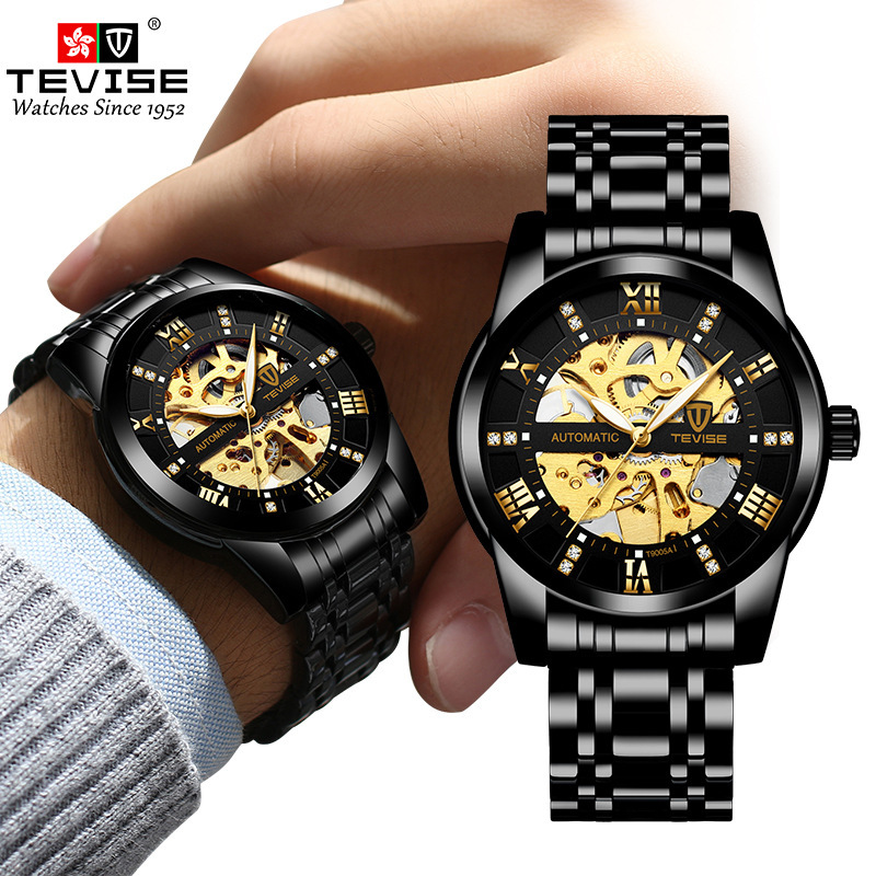 Tevise Large Dial Luminous Skeleton Men's Watch Waterproof Steel Band Fully Automatic Mechanical Watch Cross-Border Hot Model