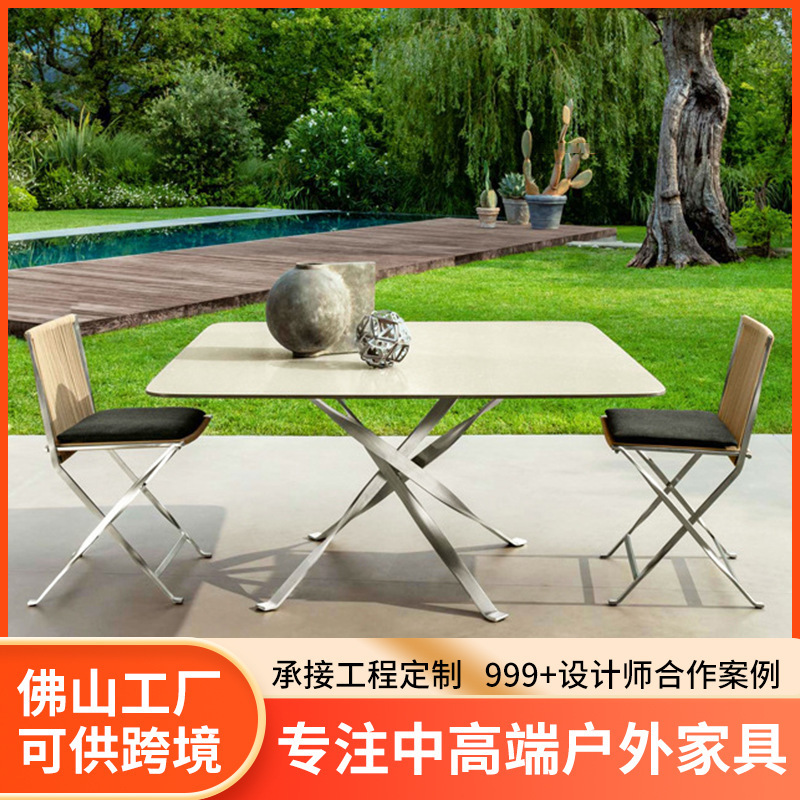 Nordic Outdoor Stainless Steel Table and Chair Open-Air Combination Dining Table and Chairs Special-Shaped Creative Rattan Balcony Courtyard Three-Piece Set