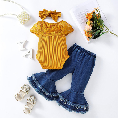 INS Summer New Girls' Set 0-3 Years Old Fashion Children's Yellow Sleeveless Top + Denim Bell Bottoms Two-Piece Set