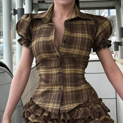 法式气质少女格纹撞色泡泡袖衬衫跨境新款翻领收腰显瘦排扣上衣