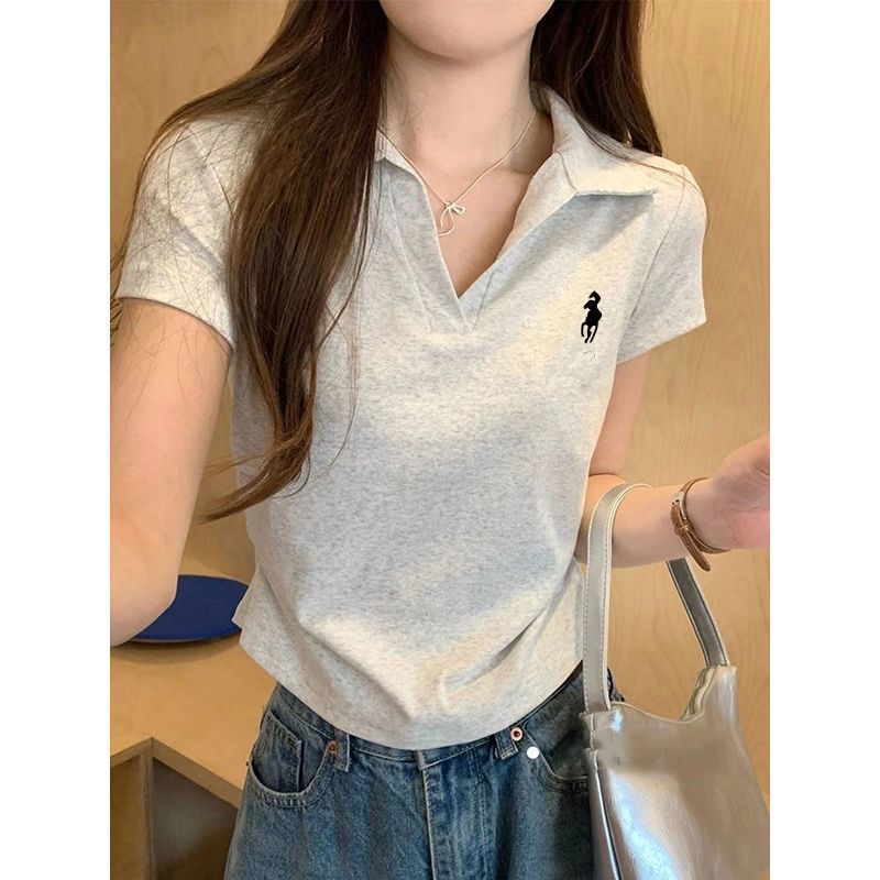 Polo Collar Right Shoulder Short-Sleeved T-Shirt for Women Summer 2025 New Slim Design Simple Korean Ins Waist Top