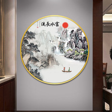 中式氛围灯圆形画装饰画玄关楼梯走廊带灯发光背景墙壁画