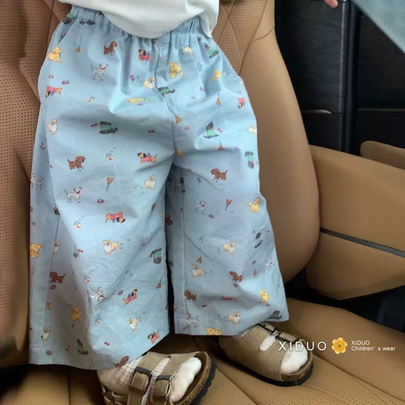 Summer Girls' Super Cute Cartoon Full-Print Anti-Mosquito Pants Blue Straight Pants Children's Clothing Boys and Girls Thin Puppy Pants