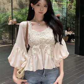 韩系拼接蕾丝减龄领灯笼袖衬衫女2024夏设计感钩花洋气别致上衣