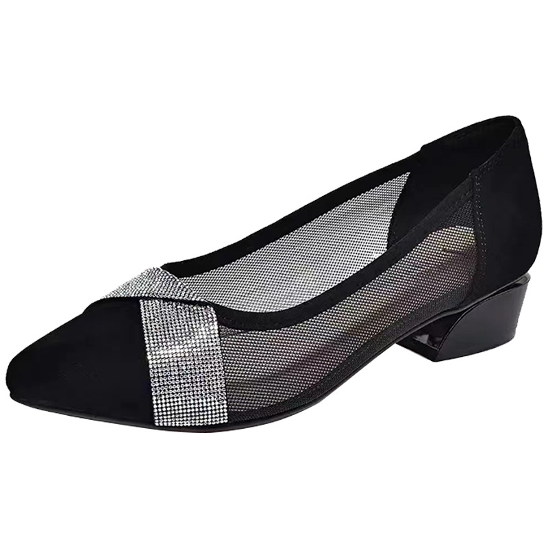 Giày sneaker nữ da lộn lưới thoáng khí đế bằng miệng nông — Gót thô màu đen (5 cm)