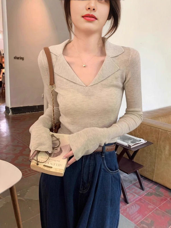 高级螺纹polo翻领针织毛衣女春季秋装V领法式内搭长袖打底衫上衣|undefined