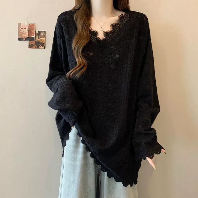 Long lace demi-season long-sleeve, V-образный вырез, середина длины, для полных женщин, оверсайз