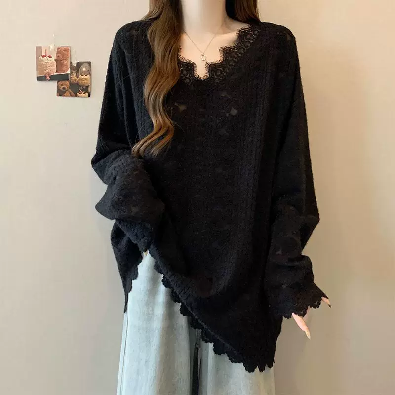 Long lace demi-season long-sleeve, V-образный вырез, середина длины, для полных женщин, оверсайз