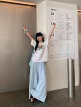 2025夏季新款简约设计圆领短袖印花T恤高腰阔腿休闲裤时尚套装女