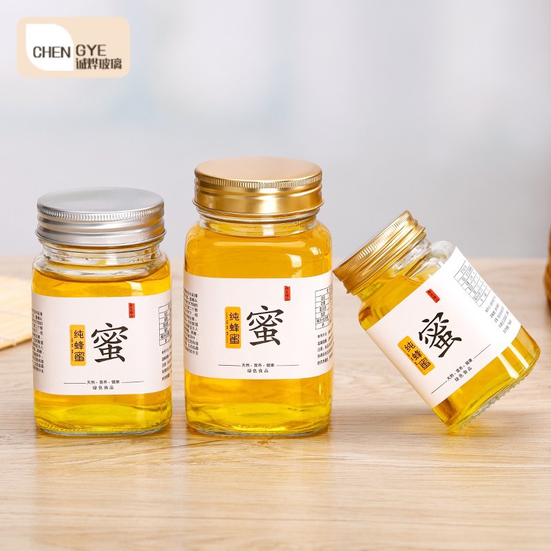 批发380ml高档铝盖四方蜂蜜瓶 透明密封罐 梨膏瓶 酱菜果酱玻璃瓶
