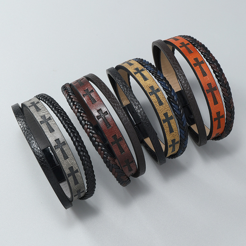 Personalized Fashion New Men's PU Leather Cross Simple Handmade Woven Magnetic Clasp Bracelet_voghion.com
