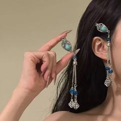 时尚民族风中国结流苏发夹小众复古波西米亚长款绿松石水滴发卡