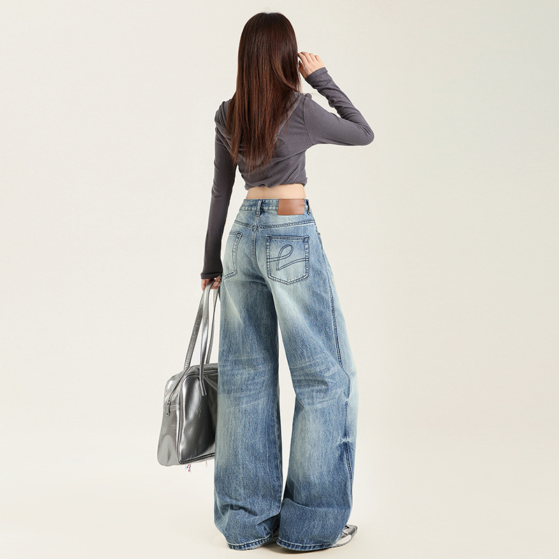 Retro Nostalgic Blue Washable Jeans Mid-Low Waist Straight Micro Wide Leg Pants Retro Blue Trousers