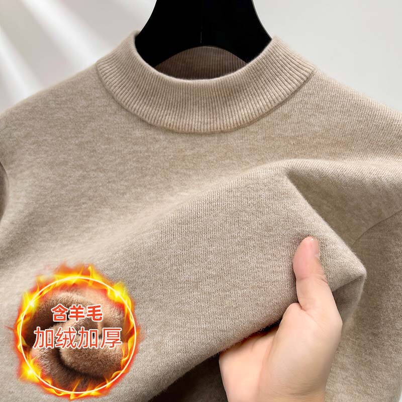 [Including wool one-piece velvet] Men's sweater semi-turtleneck fleece-lined thickened autumn and winter sweater men's sweater