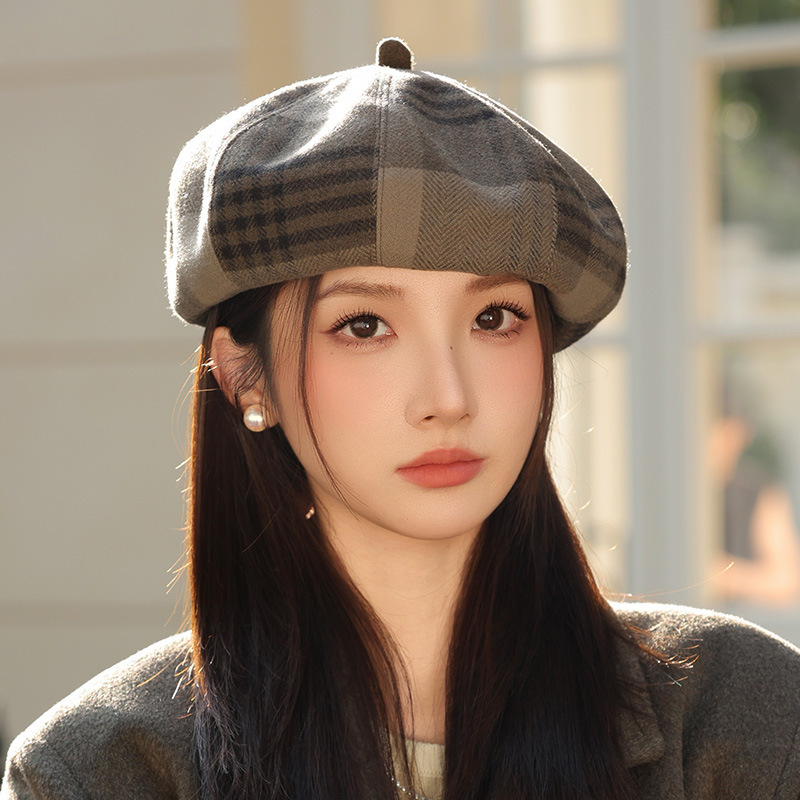 韩系新款英伦格子贝雷帽春秋休闲保暖防风帽子女百搭八角画家帽潮|undefined