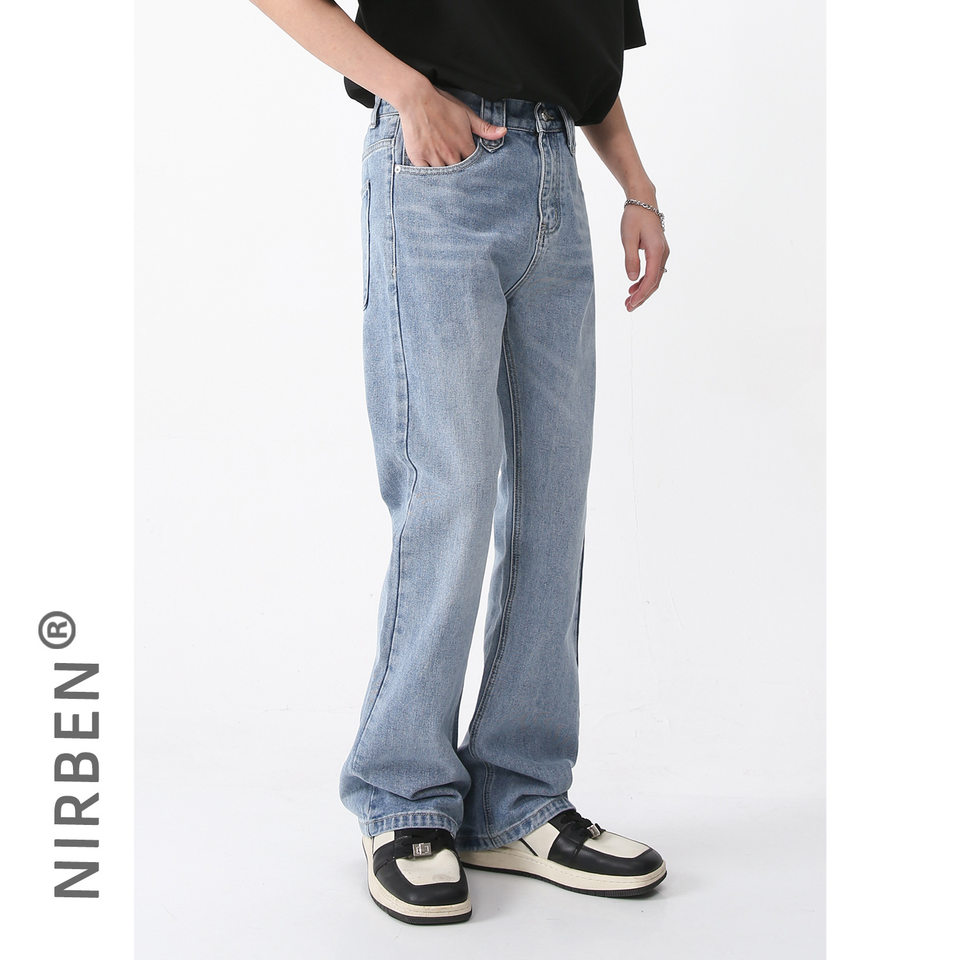 Quần jean nam cạp chun ống loe nhẹ màu xanh nhạt form rộng cá tính — Xanh lam nhạt