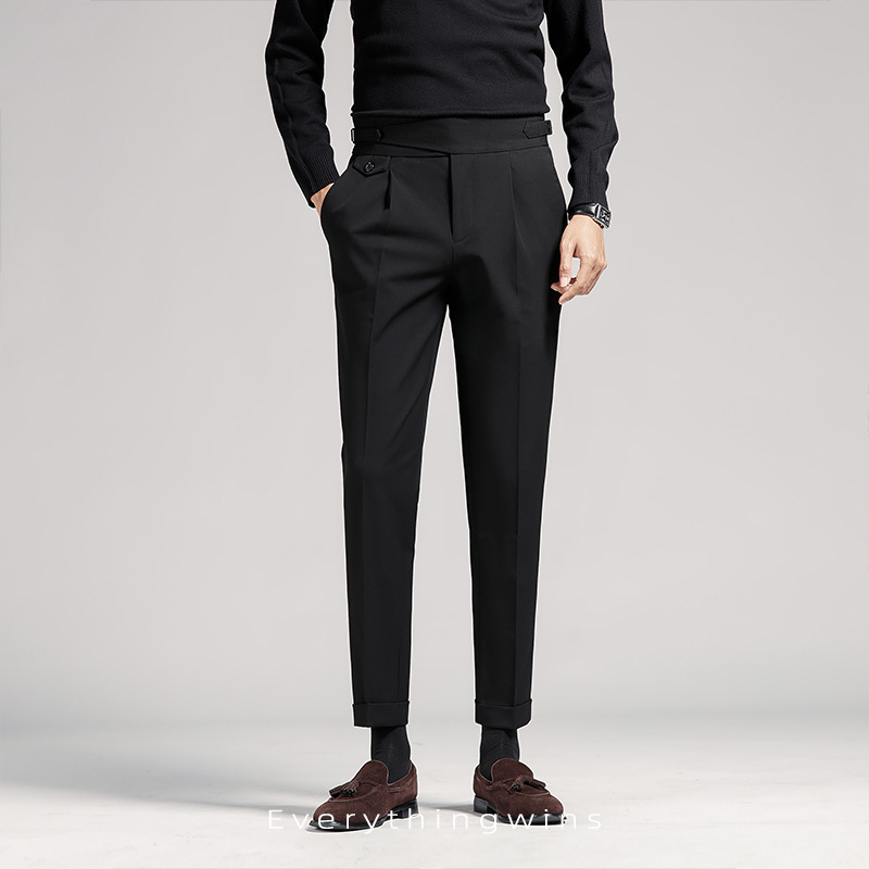 Nápoles traje pantalones hombres pantalones recortados negro drapeado negocio casual cintura alta traje Pantalones slim fit primavera y verano