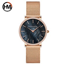 瑞士机芯全不锈钢壳链Hannah Martin女士欧美镶钻贝壳面石英手表