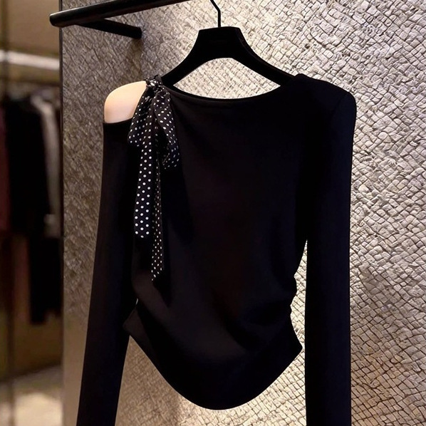 Pure Desire Style Polka Dot Tie-Up Off-Shoulder Shirt for Women 2026 Spring New Large Size Waist-Cinching Slimming Black Versatile Top Pure Desire Style Polka Dot Tie-Up Off-Shoulder Shirt for Women 2026 Spring New Large Size Waist-Cinching Slimming Black Versatile Top
